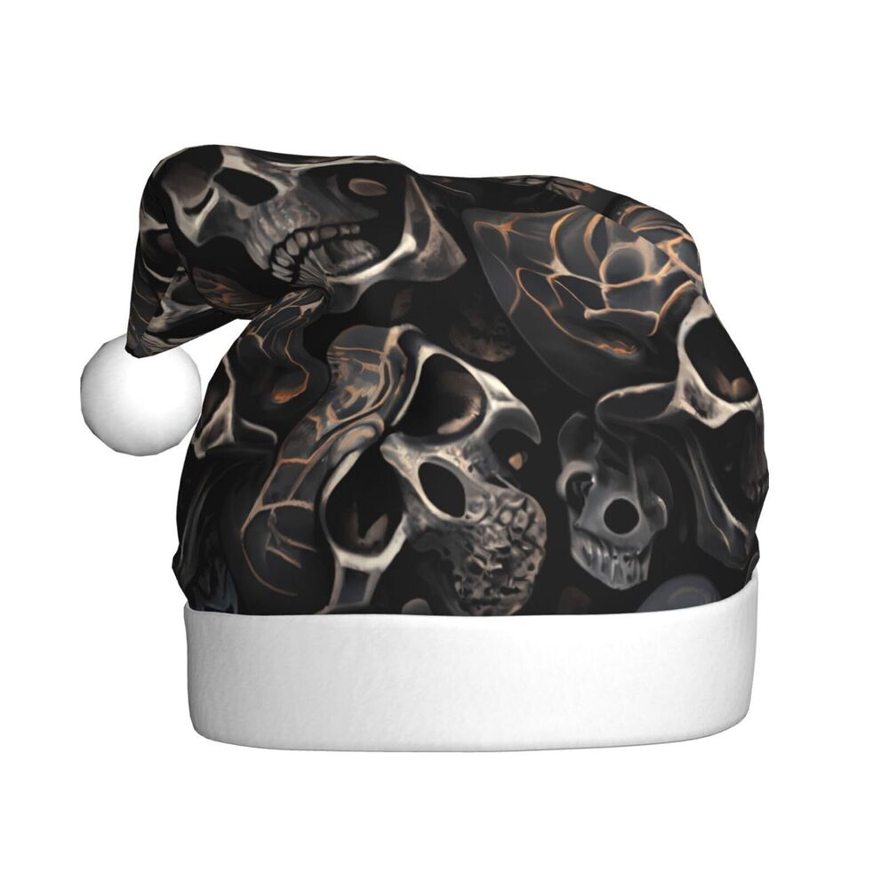 2388 Gothic Black Skull Santa Hat - Cozy Adult Plush Christmas Beanie